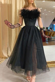 Black A-line Strapless Feather Midi Party Dress