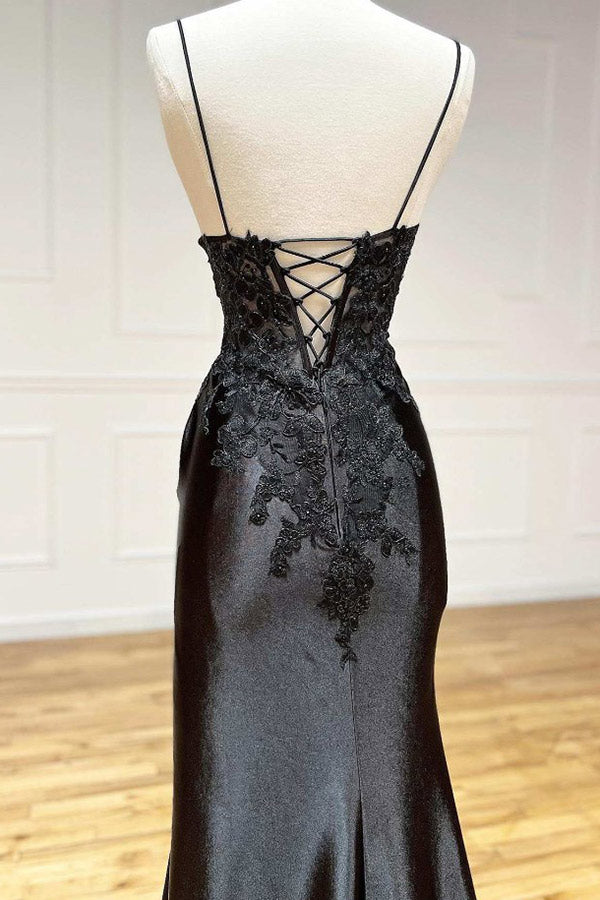 Black High Slit Spaghetti Straps Backless Formal Dress