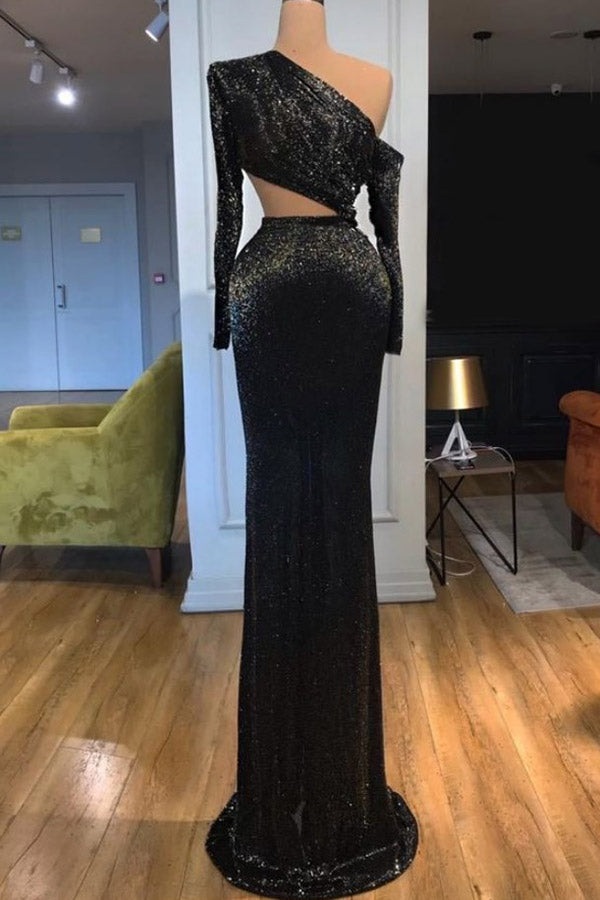 Black Sparkly One-shoulder Cut Out Long Sleeves Evening Dress