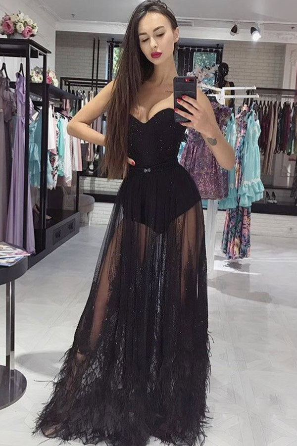 Sexy Black Strapless Corset See-through Feather Prom Dress