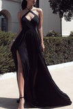 Black Sexy Halter Gown Cut Out Thigh-high Slit Prom Dress