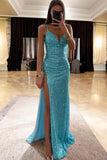 Blue V-neck High Slit Sequined Prom Dress Evening Gown