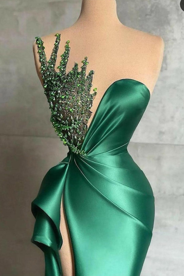 Emerald Green Sexy High Slit One-shoulder Beaded Prom Dress