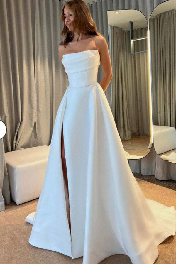 Ivory Strapless Thigh-high Slit Prom Gown Formal Dress