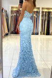 Light Sky Blue Lace Thigh-high Slit Mermaid Prom Dress