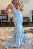 Backless Light Sky Blue Sequined Plunging Mermaid Evening Gown