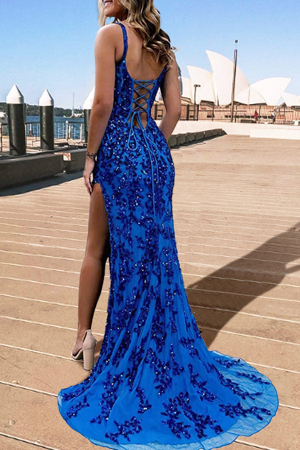 Sexy Royal Blue Thigh-high Slit Sleeveless Evening Prom Dresses