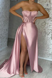 Sexy Blushing Pink Strapless High Slit Prom Dress