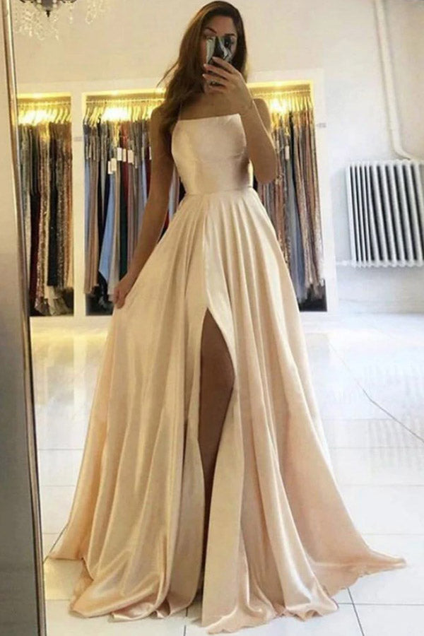 Sexy Spaghetti Straps High Slit Backless Prom Dress