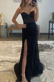 Sexy Strapless Lace Thigh-high Slit Prom Dress Evening Gown