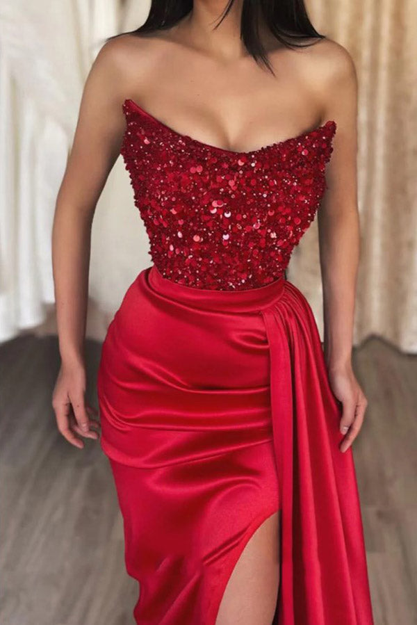 Sexy Red Strapless High Slit Sparkly Prom Dress