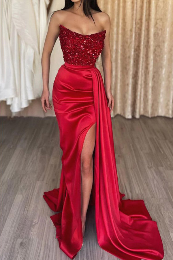 Sexy Red Strapless High Slit Sparkly Prom Dress