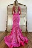 Sparkly Fuchsia Plunging Mermaid Formal Dress