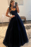 Dark Navy A-line Spaghetti Straps Sweetheart Prom Gown