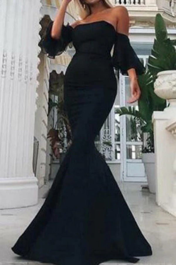 Black Strapless Mermaid Evening Prom Dress With Sleeves