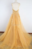 Gold Deep V-neck Applique Tulle Wedding Dress Formal Gown