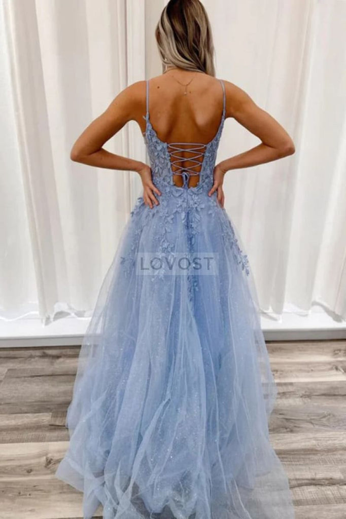 Sky Blue Plunging Applique A-line Prom Dress Evening Gown