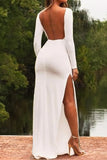 White Sexy Two Slits Long Sleeves Backless Prom Dress
