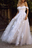 White Applique Off-the-Shoulder Flower Tulle Wedding Dress