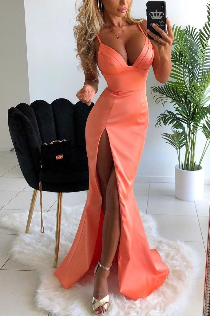 Sexy Orange Mermaid Spaghetti Straps V-neck Prom Dress