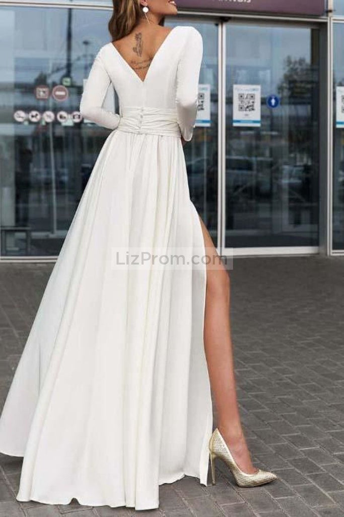Elegant White Long Sleeves Slit V-Neck Modest Wedding Prom Dress Dresses