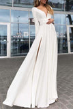 Elegant White Long Sleeves Slit V-Neck Modest Wedding Prom Dress Dresses