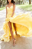 Fabulous Daffodil Spaghetti Straps Ruffled Prom Dress