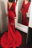 Sexy Red Long Sleeves Open Back V-Neck Slit Prom Dress Dresses