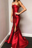 Sexy Red Mermaid Strapless Long Evening Prom Dress with Slit