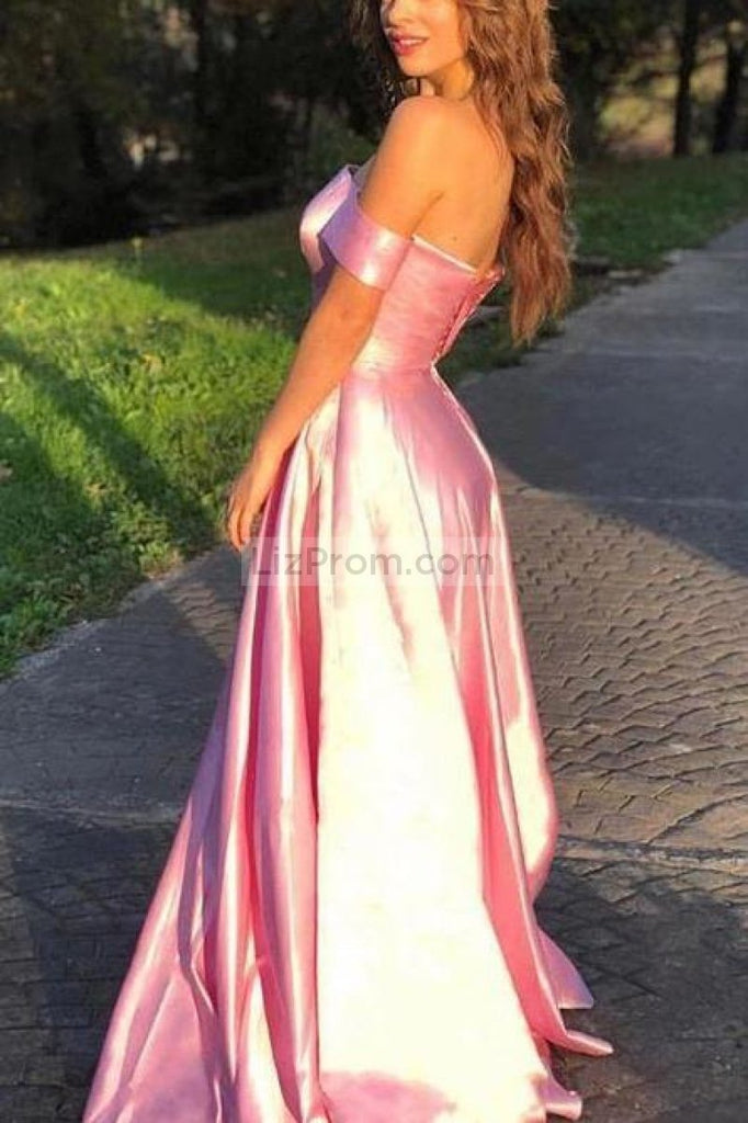Blushing Pink Off Shoulder A-Line Open Back Prom Dress Dresses