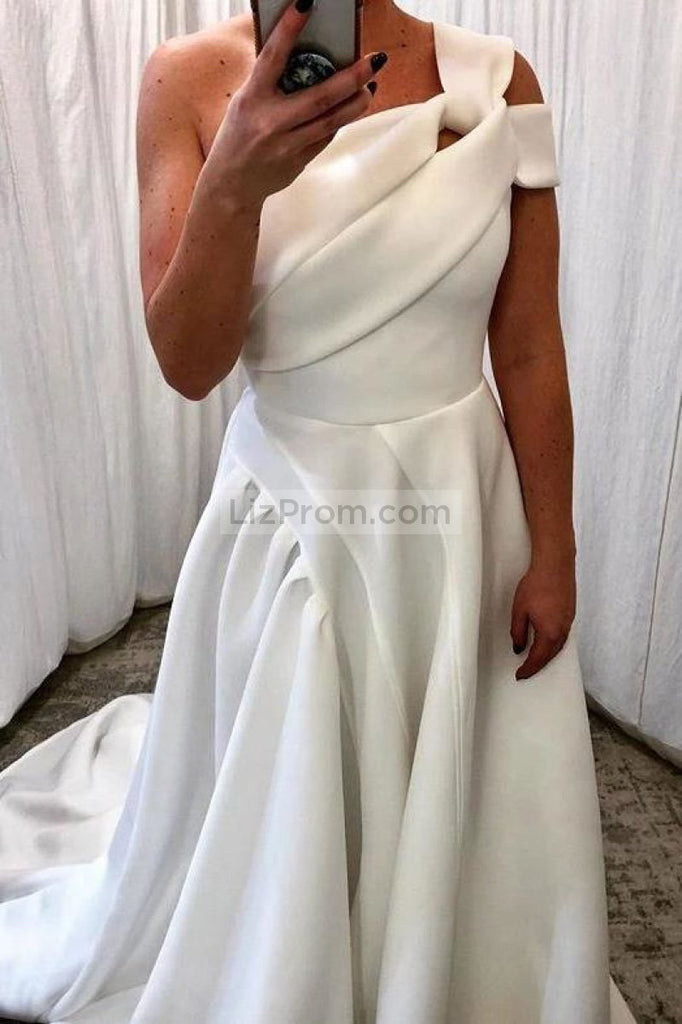 Elegant White A-Line One Shoulder Ruffled Wedding Dress Dresses