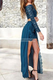 Sexy Ink Blue Two Pieces Lace Long Sleeves Slit Evening Dress Dresses