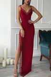 Dark Red Thigh-high Slit Spaghetti Straps V-neck Prom Dress