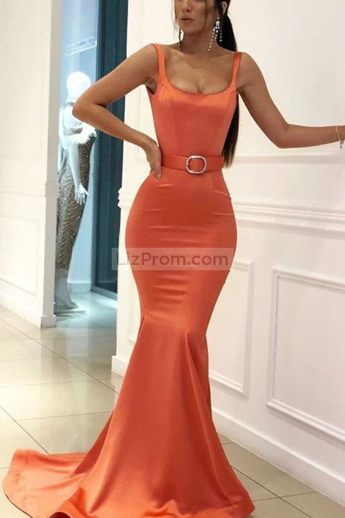 Orange Mermaid Open Back Square Neck Belt Long Prom Dress Dresses