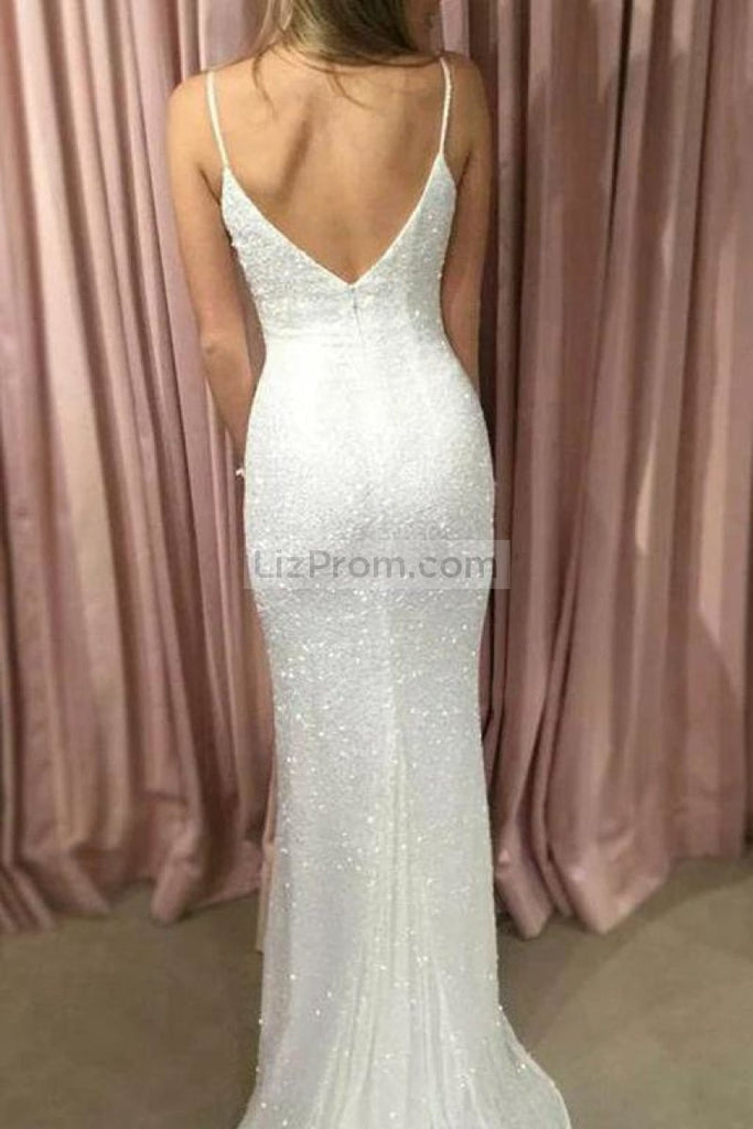 White Sequined Spaghetti Straps Open Back Long Prom Gown Dresses