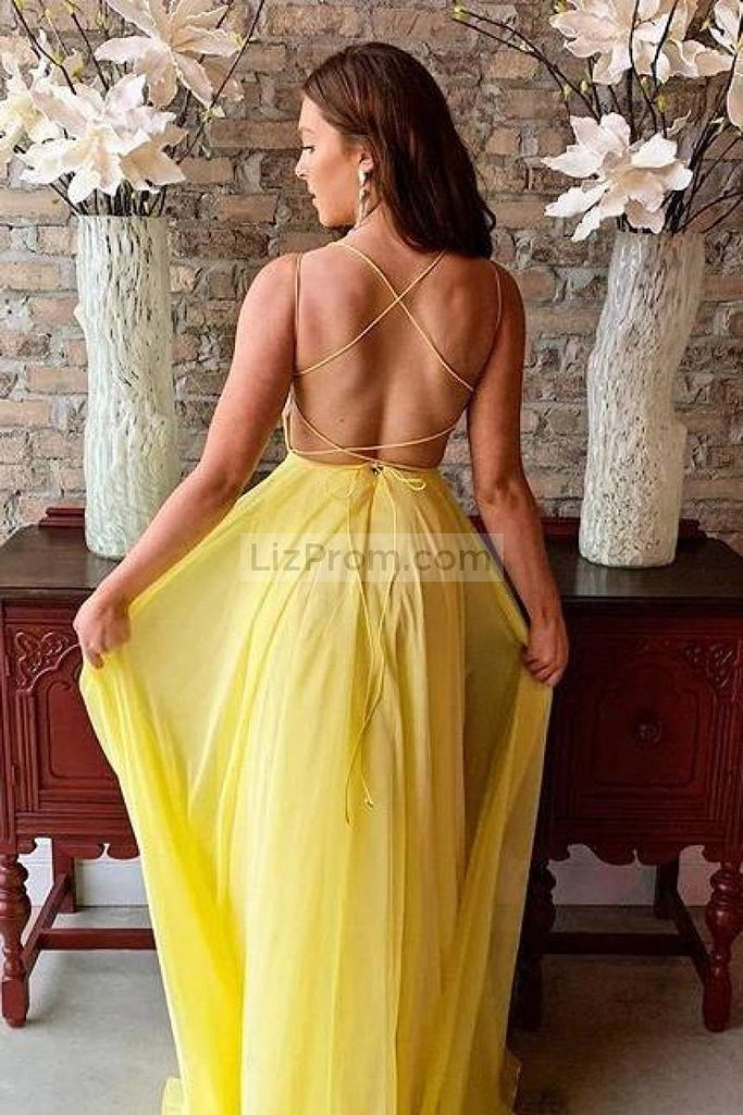 Yellow Spaghetti Straps A-Line Lace Up Sequined Prom Dress Dresses
