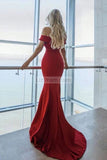 Simple Red Off Shoulder V-Neck Mermaid Open Back Prom Dress Dresses