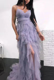 Sexy Ruffled Thigh-high Slit Spaghetti Straps Prom Dress