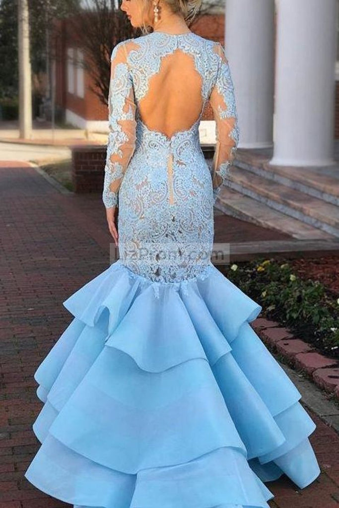 Light Sky Blue Lace Long Sleeves Mermaid Open Back Ruffled Prom Gown Dresses