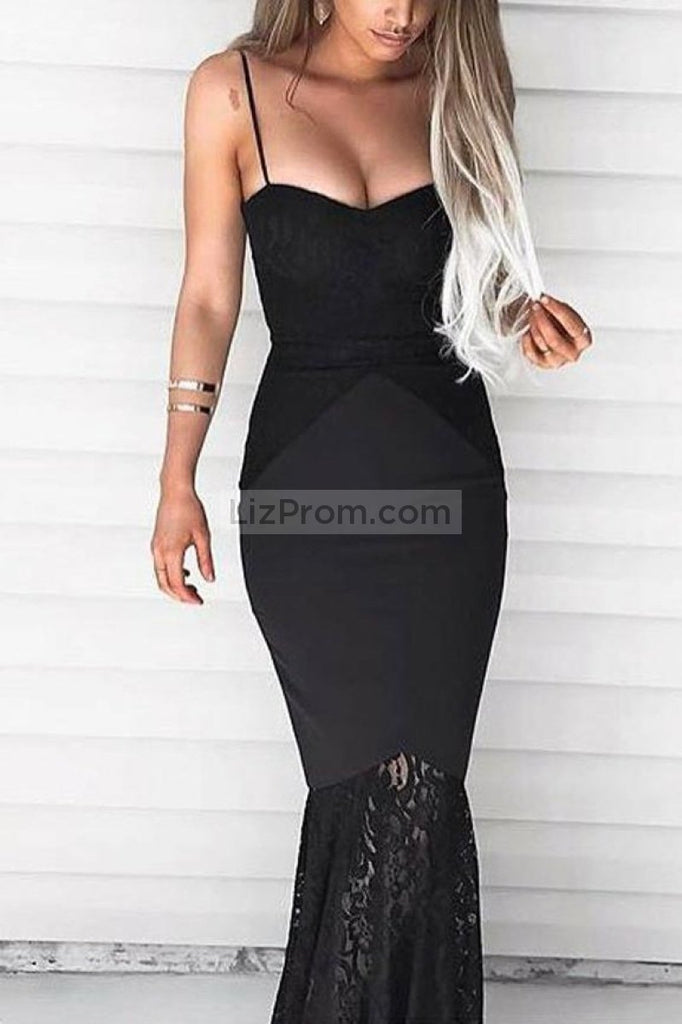 Sexy Black Lace Mermaid Spaghetti Straps Evening Prom Dress Dresses