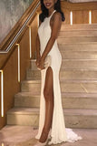Sexy White Halter Sleeveless Backless Slit Mermaid Prom Dress Dresses