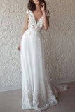 Charming White A-Line V-Neck Applique Open Back Wedding Dress Dresses