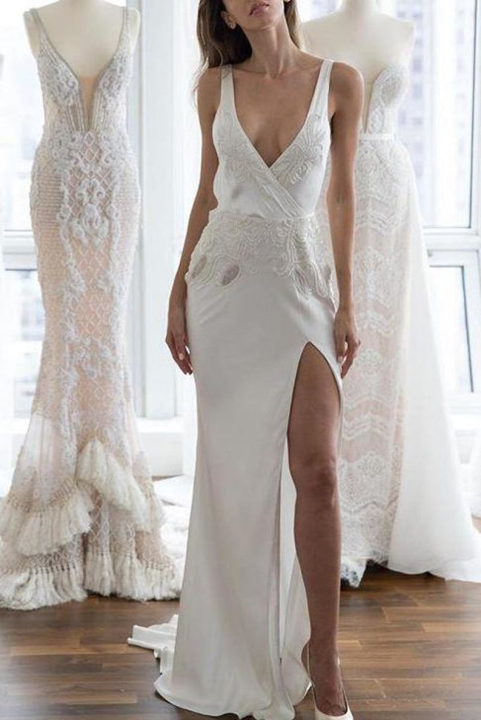 Sexy White Deep V-Neck Open Back Applique Slit Wedding Dress Dresses