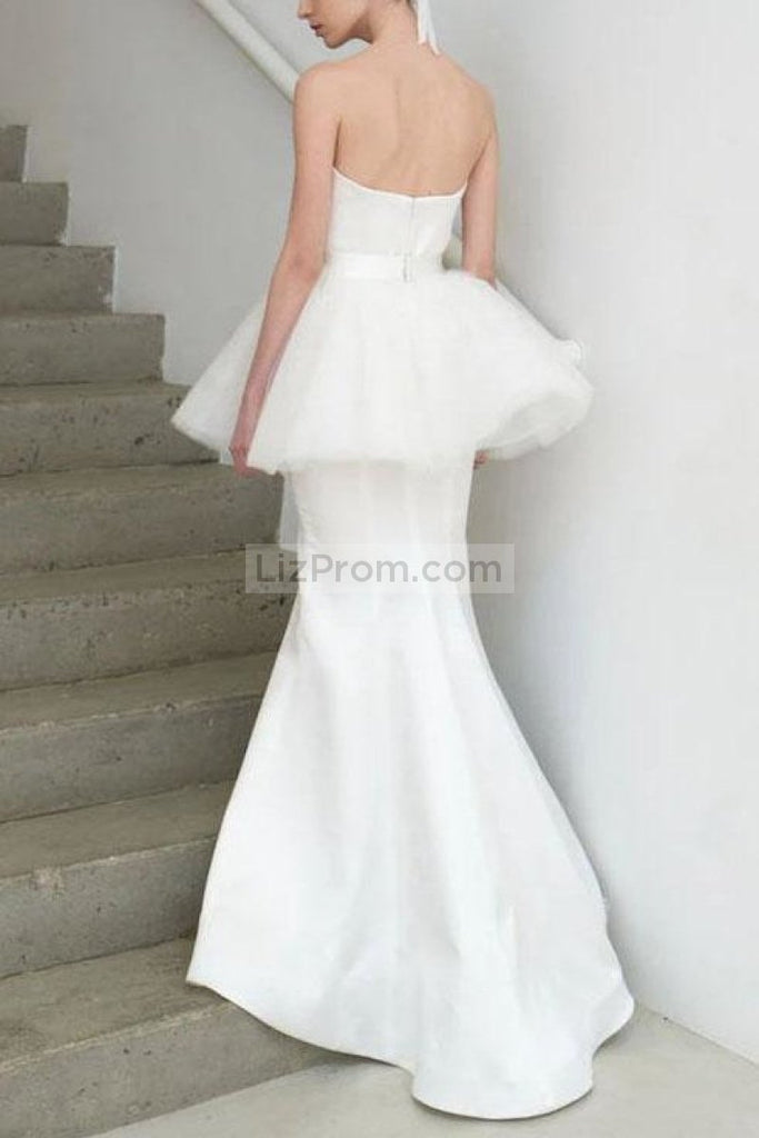 Popular White Mermaid Backless Tulle Strapless Wedding Dress Dresses