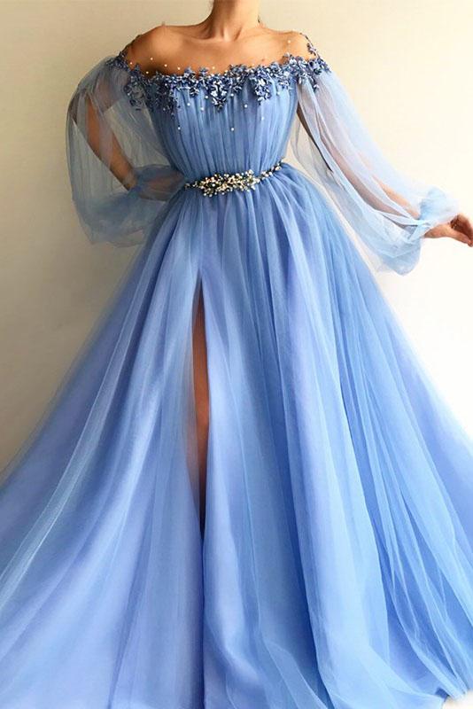 Light Sky Blue A-Line Long Sleeves Off Shoulder Prom Dress