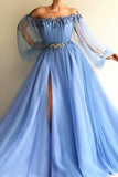 Light Sky Blue A-Line Long Sleeves Off Shoulder Prom Dress