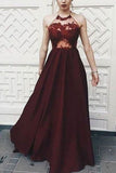 Burgundy A-Line Halter Sleeveless Applique Prom Evening Dress