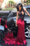 Dark Red  Cut Out Sleeveless Applique Mermaid Long Prom Gown