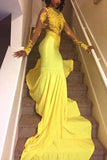 Yellow Mermaid High Neck Long Sleeves Applique Long Evening Dress
