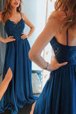 Ink Blue A-line Lace Beaded Spaghetti Straps V-neck Prom Dress
